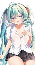 Rule 34 | 1girl, :d, ahoge, aqua eyes, aqua hair, arm rest, black skirt, blush, breast tattoo, breasts, buttons, clothes pull, collarbone, collared shirt, commentary request, hair between eyes, hair ribbon, hand up, hatsune miku, highres, hot, long hair, looking at viewer, medium breasts, miniskirt, natukisigure, no bra, number tattoo, open mouth, partially unbuttoned, pleated skirt, red ribbon, ribbon, school uniform, see-through clothes, see-through shirt, shirt, shirt pull, short sleeves, simple background, sitting, skirt, smile, solo, speech bubble, sweat, sweaty clothes, tattoo, thighs, translation request, twintails, untucked shirt, very long hair, vocaloid, white background, white shirt