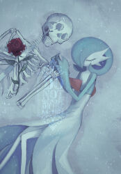 1girl artist_name bob_cut bone closed_eyes closed_mouth colored_skin creatures_(company) female_focus flat_chest flower from_above game_freak gardevoir gen_3_pokemon green_hair green_skin hair_over_one_eye hands_up happy holding_hands knees_together_feet_apart lying multicolored_skin nintendo on_side one_eye_covered outdoors pokemon pokemon_(creature) red_flower red_rose rose shibori_(siborizome) short_hair skeleton skull smile snow snowing solo twitter_username two-tone_skin u_u watermark white_background white_skin
