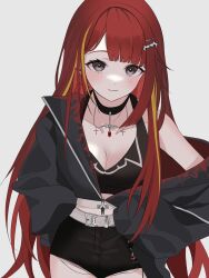 1girl absurdres akane_lize bare_shoulders belt black_choker black_eyes black_jacket black_shirt black_shorts breasts choker cleavage closed_mouth collarbone crop_top highres iruka_(furyun0220) jacket long_hair long_sleeves looking_at_viewer medium_breasts midriff_peek mole mole_on_cheek multicolored_hair off_shoulder red_hair shirt short_shorts shorts simple_background sleeveless sleeveless_shirt smile solo stellive streaked_hair torn_clothes torn_shorts very_long_hair virtual_youtuber white_background