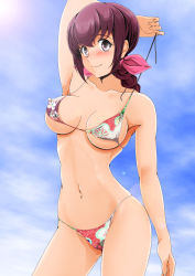 1girl arm_behind_head arm_up armpits bikini blue_sky blush brown_eyes brown_hair closed_mouth cloud cloudy_sky covered_erect_nipples cowboy_shot day female_focus floral_print gluteal_fold hair_ribbon highres hoshizora_ikuyo jewelry lens_flare long_hair looking_at_viewer mature_female multicolored_bikini nanashi_noiji navel necklace outdoors pink_ribbon ponytail precure print_bikini ribbon sky smile smile_precure! solo standing string_bikini swimsuit untied_bikini untying