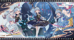 1girl absurdres ankle_socks arm_up armor ayaka_(genshin_impact) back_bow black_footwear black_gloves blue_bow blue_dress blue_hair blue_hakama blue_skirt blunt_bangs bow breastplate closed_eyes closed_mouth collar commentary_request cropped_torso dress feet_out_of_frame flower food fox_mask genshin_impact gloves hair_flower hair_ornament hair_ribbon hair_up hakama hand_fan hand_on_own_cheek hand_on_own_face hat hat_flower hat_ribbon highres holding holding_fan holding_towel japanese_clothes kamisato_ayaka kamisato_ayaka_(springbloom_missive) light_blue_hair long_hair long_sleeves looking_at_viewer mask mask_on_head mochi multiple_views official_alternate_costume official_alternate_hairstyle open_mouth partially_fingerless_gloves pink_ribbon ponytail red_ribbon ribbon sakura_mochi sandals skirt smile socks tabi towel tress_ribbon tsukimori_mochi wagashi white_collar white_flower white_ribbon white_socks zouri