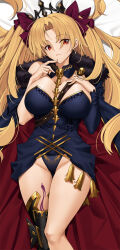 Rule 34 | 1girl, belt, black coat, black dress, black panties, black tiara, blonde hair, breasts, brown belt, cameltoe, closed mouth, coat, dakimakura (medium), dress, earrings, ereshkigal (fate), fate/grand order, fate (series), fur-trimmed coat, fur trim, hair ribbon, hand on own chest, highres, jewelry, large breasts, leg armor, long hair, panties, purple ribbon, red eyes, ribbon, skull ornament, sleeveless, sleeveless dress, solo, strapless, strapless dress, tassel, tiara, tony guisado, underwear