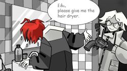 2boys absurdres ahoge aotsuki_eito black_gloves english_text gloves greyscale gun handgun highres holding holding_gun holding_weapon mirror monochrome multiple_boys red_hair revolver speech_bubble standing sumino_takumi the_hundred_line_-last_defense_academy- upper_body weapon wet wet_hair white_hair