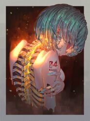 1girl absurdres aqua_nails blue_hair blue_nails border breasts commentary cropped_torso diyokama embers english_commentary exposed_bone fingernails from_behind from_side glowing glowing_eyes glowing_spine grey_border highres long_fingernails looking_at_viewer medium_breasts melting original outside_border parted_lips red_eyes short_hair signature sisy_lockdown_(diyokama) solo spine upper_body uroborus_(diyokama)