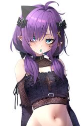 1girl absurdres ahoge bare_shoulders black_bow black_choker black_shirt blue_eyes bow candy choker clothing_cutout crop_top eyelashes food ghostenjoyerguy7007 hair_bow hair_ornament hair_over_shoulder heart highres indie_virtual_youtuber lollipop lollipop_in_mouth long_hair long_sleeves looking_at_viewer low_twintails midriff mint_fantome mint_fantome_(minto_2.0) navel navel_piercing piercing pointy_ears purple_hair shirt shoulder_cutout simple_background solo triangular_headpiece twintails virtual_youtuber white_background x_hair_ornament