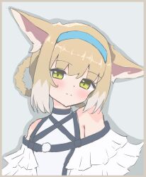 1girl animal_ears arknights bare_shoulders blonde_hair blue_hairband border brown_border closed_mouth commentary drop_shadow green_eyes grey_background grey_hair hairband highres looking_at_viewer mashironai multicolored_hair portrait shirt short_hair simple_background sketch solo split_mouth streaked_hair suzuran_(arknights) white_shirt
