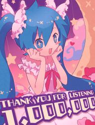 Rule 34 | + +, 1girl, :d, blue eyes, blue hair, blush, blush stickers, bow, bowtie, crescent moon, double-parted bangs, dress, flat chest, frilled dress, frills, gradient background, hair bow, hands on own face, hatsune miku, heart, highres, kisalaundry, long hair, milestone celebration, moon, neck ribbon, night, night sky, nightgown, open mouth, pale skin, pastel colors, purple background, red bow, ribbon, sitting, sitting on object, sky, sleeveless, smile, star (sky), stardust medley (vocaloid), thank you, twintails, very long hair, vocaloid, white bow, white nightgown