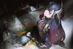 Rule 34 | 2girls, 9boksen, black hair, blood, blood splatter, bloody weapon, blue hair, cerydra (honkai: star rail), chess piece, chessboard, crown, earrings, gloves, hand on own chin, holding, holding sword, holding weapon, honkai: star rail, honkai (series), hysilens (honkai: star rail), jewelry, long hair, looking at viewer, multiple girls, on ground, purple eyes, queen (chess), red gloves, shadow, sword, unworn crown, weapon, yellow blood