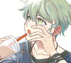 1boy amami_rantaro bubble_tea collarbone danganronpa_(series) danganronpa_v3:_killing_harmony ear_piercing earrings green_eyes green_hair hair_between_eyes highres jewelry male_focus moi_(arararcrc) open_mouth piercing shirt short_hair solo striped_clothes striped_shirt