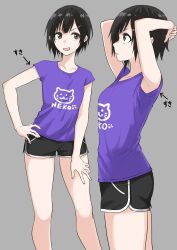 Rule 34 | 1girl, absurdres, armpits, arms behind head, black hair, brown eyes, dolphin shorts, fuku (fuku12290574), hand on own hip, highres, original, short hair, shorts, simple background, translated