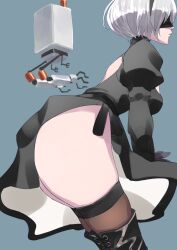 Rule 34 | 1girl, 2b (nier:automata), ass, ass focus, backless dress, backless outfit, black dress, black thighhighs, coveredcore, dress, from side, highres, medium hair, nier:automata, nier (series), non-humanoid robot, pod (nier:automata), robot, solo, thighhighs, thighs