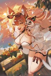 Rule 34 | 1girl, animal ears, belt, black choker, breasts, center opening, choker, cleavage, eyewear on head, fox ears, highres, indie virtual youtuber, jacket, leg ribbon, leg up, long hair, looking at viewer, medium breasts, navel, off shoulder, one-piece swimsuit, open clothes, open jacket, open mouth, orange eyes, orange hair, outstretched arms, ribbon, see-through clothes, smile, solo, stomach, sunglasses, sunset, swimsuit, thighs, very long hair, virtual youtuber, vitamyon, white jacket, white one-piece swimsuit, zetto023