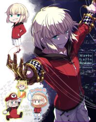 1boy arms_at_sides blonde_hair cosplay gloves green_eyes grin highres hood hoodie male_focus mario mario_(cosplay) mario_(series) mario_gallo_bestino merem110 name_connection neco-arc nintendo open_hand piano_machine_(type-moon) short_hair shorts smile smirk string tsukihime tsukihime_(remake) white_shorts