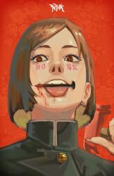 1girl absurdres blood blood_on_face bright_pupils brown_hair cheek_tattoo claw_hammer facial_tattoo fingernails floral_background gakuran gold_buttons hammer highres holding holding_hammer jujutsu_kaisen jujutsu_tech_uniform kugisaki_nobara long_fingernails looking_at_viewer mouth_hold nail_(hardware) open_mouth portrait pxtakart red_background red_eyes red_pupils rose_background school_uniform short_hair solo tattoo teeth tongue tongue_out upper_teeth_only