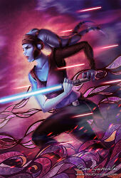 1girl aayla_secura alien artist_name bea_gonzalez blue_lightsaber blue_skin breasts brown_pants brown_shirt colored_skin crop_top energy_sword holding holding_sword holding_weapon jedi lekku_(anatomy) lightsaber medium_breasts midriff pants shirt signature single_sleeve solo star_wars sword twi&#039;lek watermark weapon web_address