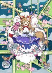 6+girls :d black_hat black_shoes blonde_hair bloomers blue_hair blue_skirt bow bowtie broom broom_riding chain cherry_blossoms cirno clone cloud commentary cuffs daiyousei fang flower from_above gohei gourd green_hair hair_bow hakurei_reimu hat highres holding holding_flower holding_gohei holding_gourd horns ibuki_suika kirisame_marisa long_hair looking_at_viewer low-tied_long_hair morino_hon multiple_girls open_mouth orange_hair outdoors outstretched_arms ox-driven_carriage pink_flower purple_skirt red_bow red_bowtie red_skirt ribbon-trimmed_skirt ribbon_trim shirt shoes skirt smile socks solo spread_arms symbol-only_commentary torn_clothes torn_sleeves touhou tree underwear very_long_hair village watermark white_bloomers white_shirt white_socks witch_hat yellow_eyes