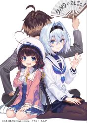 1boy 2girls ahoge beret black_hair black_hairband black_pantyhose black_skirt blue_dress blue_eyes brown_haira dress folding_fang hairband hat highres hinatsuru_ai kuzuryuu_yaichi layered_sleeves long_hair low_twintails multiple_girls official_art pantyhose ryuuou_no_oshigoto! sailor_collar sailor_shirt school_uniform serafuku shirabi shirt short_hair skirt sora_ginko twintails white_hat white_sailor_collar white_shirt