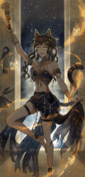 Rule 34 | 1girl, animal ears, anklet, arabian clothes, arm up, armlet, bare legs, barefoot, belt, black belt, black skirt, black tube top, blonde hair, bracelet, cat ears, cat girl, cat tail, character request, circlet, commentary request, dark-skinned female, dark skin, eyelashes, fire, foot on own leg, foot out of frame, gold bracelet, gold necklace, gold ring, hair bun, happy, hieroglyphics, highres, holding, indoors, jewelry, kohanai setsuna, leg up, light particles, lipstick, long hair, makeup, miniskirt, multiple bracelets, multiple rings, necklace, night, night sky, nikki (series), object request, open mouth, pink lips, pyrokinesis, ring, shining nikki, single hair bun, skirt, skirt hold, sky, smile, solo, star (sky), starry sky, stomach, strapless, tail, tail ornament, tail ring, teeth, thigh belt, thigh strap, torn clothes, train (clothing), tube top, upper teeth only, wavy hair, yellow eyes