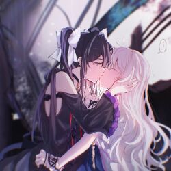 2girls arcaea bare_shoulders black_choker black_dress black_hair blue_eyes blurry blurry_background bow chinese_commentary choker closed_eyes commentary_request couple cross-laced_clothes cross-laced_dress dress frilled_sleeves frills hair_bow hair_intakes hand_on_another&#039;s_cheek hand_on_another&#039;s_face highres hikari_(arcaea) hikari_(reunion)_(arcaea) kiss long_hair long_sleeves multiple_girls muonrei00 off-shoulder_dress off_shoulder profile rain speech_bubble tairitsu_(arcaea) tairitsu_(reunion)_(arcaea) twintails upper_body wavy_hair white_bow white_hair wrist_cuffs yuri