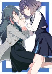 Rule 34 | 2girls, battle retto, black skirt, blue border, blush, border, commentary request, drop shadow, eye contact, feet out of frame, flower, gakuen idolmaster, green eyes, green hair, hair flower, hair ornament, hataya misuzu, hatsuboshi gakuen school uniform, idolmaster, inset border, jacket, long hair, looking at another, lying, mole, mole under mouth, multiple girls, on side, overskirt, plaid clothes, plaid jacket, pleated skirt, purple hair, school uniform, shirt, short hair, skirt, smile, tsukimura temari, vest, white background, white shirt, yuri
