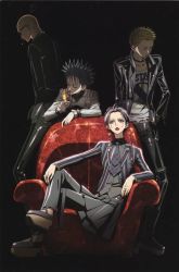 3boys chain chair cover dark dvd_cover everyone male_focus multiple_boys nana_(manga) nana_(series) necktie official_art okazaki_shin&#039;ichi okazaki_shinichi oosaki_nana osaki_nana punk short_hair skirt smoking striped takagi_yasushi terashima_nobu
