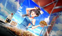 1girl ;d bag beach beach_house bikini black_hair blue_overalls cinderella_series cloud cooking dutch_angle food game_cg griddle hachigatsu_no_cinderella_nine hair_up highres holding holding_food holding_spatula light_rays long_hair looking_ahead nagai_kanako non-web_source ocean official_alternate_hairstyle official_art one_eye_closed open_mouth overalls plastic_bag plastic_bottle purple_eyes single_sidelock smile solo sparkle spatula standing strap_slip striped_bikini striped_clothes sunbeam sunlight sweat swimsuit yakisoba