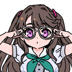 Rule 34 | 1girl, aqua neckerchief, blue dress, blush stickers, breasts, commentary request, dress, fujishima megumi, grey-framed eyewear, hasu no sora school uniform, holding, holding removed eyewear, large breasts, link! like! love live!, love live!, neckerchief, puffy short sleeves, puffy sleeves, purple eyes, sailor collar, sailor dress, school uniform, shinanoya (satanicad), short sleeves, simple background, solo, summer uniform, tsukine kona, unworn eyewear, upper body, virtual youtuber, voice actor connection, white background, white sailor collar