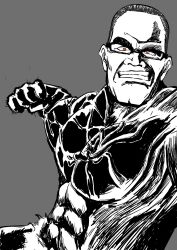 1boy 2024 abs angry blue_background clenched_hand clenched_teeth commentary forehead highres looking_at_viewer metal_gear_(series) metal_gear_rising:_revengeance monochrome muscular muscular_male nanomachines piyo_g raised_fist red_eyes serious shirt short_hair simple_background spot_color steven_armstrong teeth torn_clothes unworn_shirt upper_body veins