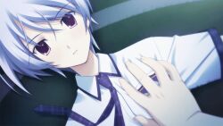 1boy 1girl accidental_touch blue_hair breasts chaos;head chaos;head_love_chu_chu! close-up closed_mouth collared_shirt dutch_angle expressionless fingernails game_cg grabbing_another&#039;s_breast groping kishimoto_ayase looking_at_viewer lying matsuo_yukihiro necktie nishijou_takumi non-web_source official_art on_back on_ground pink_eyes plaid_clothes plaid_necktie plaid_sleeves pov pov_hands purple_necktie school_emblem school_uniform shiny_eyes shirt short_hair short_sleeves small_breasts stray_hair suimei_school_uniform suimei_summer_uniform white_shirt