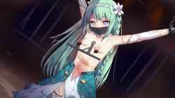 1girl after_rape armpits arms_up bare_shoulders bite_mark blood blue_eyes bound bound_wrists braid breasts broken_rape captured chain character_request chika_(princess_connect!) collarbone cuffs cuts despair dress elbow_gloves empty_eyes female_focus flower flower_on_head gloves green_hair hair_ornament helpless highres injury long_glove long_hair naked_gloves nipple_stimulation nipple_tweak nipples outstretched_arms pain panties pantyshot princess_connect! restrained ryona shackles skirt slave small_breasts small_torso solo spread_arms tears topless_female torn_clothes torn_dress torn_gloves torn_skirt torture try_robin_x underwear v_arms very_long_hair wakipai