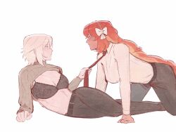 Rule 34 | 2girls, belt, black bra, black pants, blush, bow, bra, breasts, cleavage, clothes grab, collared shirt, commentary, english commentary, faust (project moon), freckles, hair bow, highres, ishmael (project moon), l0yoke, limbus company, long hair, long sleeves, looking at another, multiple girls, necktie, necktie grab, neckwear grab, pants, project moon, red hair, red necktie, shirt, simple background, sweatdrop, underwear, white background, white bow, white hair, white shirt, yuri