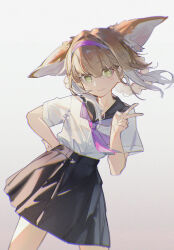 1girl animal_ears arknights black_skirt blonde_hair braid braided_hair_rings chromatic_aberration closed_mouth commentary fox_ears fox_girl green_eyes hair_rings hairband highres looking_at_viewer medium_skirt neckerchief no_tail openvl purple_hairband purple_neckerchief school_uniform shirt short_hair short_sleeves simple_background skirt smile solo suzuran_(arknights) twin_braids v white_shirt