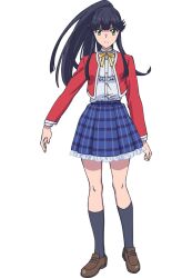 Rule 34 | 1girl, anime coloring, black hair, black socks, closed mouth, collared shirt, full body, green eyes, jacket, loafers, long hair, long sidelocks, long sleeves, looking at viewer, miniskirt, neck ribbon, ninomiya ryouko (sokushi cheat), official art, plaid clothes, plaid skirt, ponytail, red jacket, ribbon, sakimoto sayuri, school uniform, shirt, shoes, sidelocks, simple background, skirt, socks, sokushi cheat ga saikyou sugite isekai no yatsura ga marude aite ni naranai n desu ga, solo, standing, thighs, white shirt, yellow ribbon