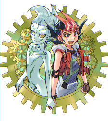 2boys astral_(yu-gi-oh!) body_markings bracelet closed_mouth colored_skin drawstring earrings fingerless_gloves fushitasu gears gloves grey_skin heterochromia holding_hands hood hood_down jewelry male_focus multiple_boys necklace open_mouth pointy_ears purple_shirt red_eyes shirt short_hair single_fingerless_glove sleeveless sleeveless_jacket sleeveless_shirt spiked_hair tsukumo_yuma yu-gi-oh! yu-gi-oh!_zexal