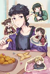 5boys akasaka_keiichirou birthday black_hair blonde_hair blueskytake bowl brown_hair cake commentary_request confetti food fruit green_hair hair_tubes highres holding holding_cake holding_food indoors long_hair male_focus multiple_boys orange_(fruit) pie_(tokyo_mew_mew) quiche_(tokyo_mew_mew) shirogane_ryou short_hair solo_focus tart_(tokyo_mew_mew) tokyo_mew_mew