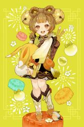 1girl :d absurdres artist_name backpack backpack_basket bag basket bell bird black_dress bloomers blunt_bangs blush boots bow bow-shaped_hair braid brown_eyes brown_hair commentary_request double-parted_bangs dress eyelashes flower food fur-trimmed_boots fur_trim genshin_impact green_background green_jacket hair_bell hair_ornament highres holding jacket jingle_bell long_sleeves looking_at_viewer misoshiru_umai4 mooncake open_mouth orange_bow puffy_long_sleeves puffy_sleeves radish short_hair sidelocks signature simple_background smile solo standing tassel teeth twitter_username underwear upper_teeth_only white_bloomers white_boots white_flower yaoyao_(genshin_impact) yuegui_(genshin_impact)