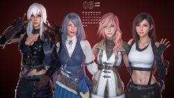 4girls aranea_highwind arm_around_waist armor breasts calendar_(medium) cleavage final_fantasy final_fantasy_vii final_fantasy_vii_remake final_fantasy_xiii final_fantasy_xv final_fantasy_xvi gloves grey_hair in-franchise_crossover jill_warrick leather_vest lightning_farron looking_at_viewer multiple_girls pink_hair single_glove sleeveless sleeveless_turtleneck sreliata suspenders tank_top tifa_lockhart turtleneck v white_hair white_tank_top
