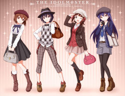 Rule 34 | 4girls, amami haruka, argyle clothes, argyle vest, bag, belt, beret, black leggings, blazer, blue neckwear, bow, bow legwear, bowtie, newsboy cap, camera, capri pants, cardigan, casual, character name, collared shirt, fashion, fedora, full body, hagiwara yukiho, hat, highres, idolmaster, idolmaster (classic), jacket, kikuchi makoto, kisaragi chihaya, leggings, lining, md5 mismatch, multiple girls, necktie, official art, outsider 0, pants, pantyhose, pantyhose under shorts, plaid clothes, plaid pants, shirt, shorts, shoulder bag, skirt, suspenders, sweater, sweater vest