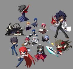 3boys 6+girls aekashics aozaki_aoko apron arcueid_brunestud arima_miyako black_eyes black_hair blonde_hair blue_bow blue_eyes bow chibi chinese_clothes ciel_(tsukihime) deformed denim dress formal_clothes green_eyes grey_eyes grey_hair hair_bow hair_over_one_eye hairband hisui_(tsukihime) jacket japanese_clothes jeans kicking kimono kishima_kouma knife kohaku_(tsukihime) len_(tsukihime) long_hair maid maid_apron maid_headdress melty_blood monster multiple_boys multiple_girls nanatsu-yoru nanaya_shiki nrvnqsr_chaos nun pants pink_hair powered_ciel purple_skirt red_eyes red_hair reverse_grip ryougi_shiki school_uniform seventh_holy_scripture shirt short_hair siblings sisters skirt stretching sweater tohno_akiha tsukihime turtleneck turtleneck_sweater twins white_bow white_jacket white_len_(tsukihime) yellow_eyes