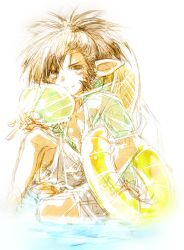 Rule 34 | 1boy, closed mouth, commentary request, granblue fantasy, grey shorts, hand fan, hat, hat on back, holding, holding fan, iha tobu, looking at viewer, male focus, open clothes, open shirt, paper fan, pointy ears, ponytail, sevilbarra, shorts, sitting, smile, straw hat, swim ring, uchiwa, water, white background