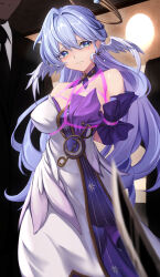 1girl arms_behind_back bare_shoulders black_necktie blush breasts collar crescent dress earrings feathered_wings feathers green_eyes halo head_wings highres honkai:_star_rail honkai_(series) indoors jewelry large_breasts long_hair looking_to_the_side necktie othellonia_teru pink_rope purple_dress purple_eyes robin_(honkai:_star_rail) rope sad shibari shibari_over_clothes star_ornament very_long_hair white_dress wings