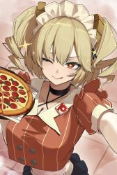 1girl absurdres black_choker black_skirt blonde_hair blush breasts burnice_white choker cleavage closed_mouth food hair_between_eyes highres holding holding_food holding_pizza koutannkoburia large_breasts looking_at_viewer maid_headdress medium_hair microskirt one_eye_closed orange_eyes orange_shirt pizza pleated_skirt reaching reaching_towards_viewer shirt short_sleeves skirt smile solo striped_clothes striped_shirt tongue tongue_out twintails vertical-striped_clothes vertical-striped_shirt zenless_zone_zero