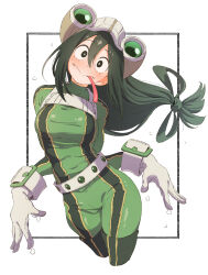 1girl asui_tsuyu black_border black_eyes blush bodysuit boku_no_hero_academia border breasts closed_mouth commentary_request cropped_legs double-parted_bangs eitopondo eyewear_on_head frog_girl gloves green-tinted_eyewear green_bodysuit green_hair hair_between_eyes hair_rings head_tilt highres inset_border large_breasts long_hair long_tongue looking_at_viewer low-tied_long_hair outside_border simple_background smile solo superhero_costume tinted_eyewear tongue tongue_out wet white_background white_gloves