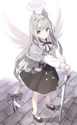 1girl animal_ears black_shoes black_skirt blush bow brown_bow capelet cat_ears cat_girl cat_tail closed_mouth commentary_request frilled_capelet frills full_body grey_capelet grey_eyes grey_hair halo hands_on_hilt highres long_sleeves looking_at_viewer original pleated_skirt puffy_long_sleeves puffy_sleeves shirt shoes skirt smile socks solo standing sword tail tail_bow tail_ornament tantan_men_(dragon) weapon white_background white_shirt white_socks white_wings wings