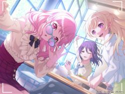 3girls adjusting_eyewear ascot bang_dream! blonde_hair blue_ascot long_hair long_sleeves looking_at_viewer maruyama_aya multiple_girls official_art one_eye_closed pink_eyes pink_hair purple_eyes purple_hair red_skirt seta_kaoru shirasagi_chisato skirt sunglasses tinted_eyewear