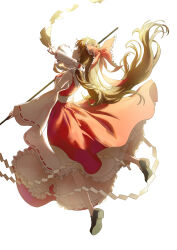 1girl absurdres ascot between_fingers bow brown_hair commentary detached_sleeves frilled_bow frilled_hair_tubes frills gohei hair_bow hair_tubes hakurei_reimu highres holding holding_gohei long_hair ofuda ofuda_between_fingers red_bow red_skirt ribbon-trimmed_sleeves ribbon_trim risabellej shoes simple_background skirt skirt_set solo touhou white_background yellow_ascot