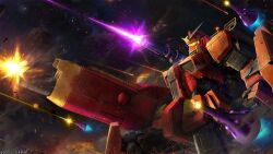 Rule 34 | absurdres, battle, beam cannon, copyright notice, energy beam, explosion, firing, funnels (gundam), gatling gun, gundam, gundam battle operation 2, heavy gundam, highres, machinery, mecha, mecha focus, mobile suit, msv-r: the return of johnny ridden, muzzle flash, nebula, no humans, official art, painting (medium), realistic, robot, scan, science fiction, shoulder cannon, space, sunrise (company), tenjin hidetaka, traditional media, v-fin, yellow visor