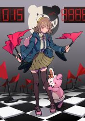 1girl breasts brown_hair brown_skirt collared_shirt danganronpa_(series) danganronpa_2:_goodbye_despair flag flipped_hair galaga hair_ornament highres hood jacket long_sleeves looking_at_viewer medium_hair monomi_(danganronpa) nanami_chiaki neck_ribbon open_clothes open_jacket pink_bag pink_eyes pink_ribbon pleated_skirt ribbon shirt skirt spaceship_hair_ornament thighhighs two-tone_shirt white_shirt youko-shima
