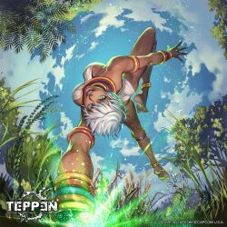 1girl anklet ass bird blue_eyes blue_sky bracelet breasts cloud dark-skinned_female dark_skin day elena_(street_fighter) flying giraffe grass handstand jewelry looking_at_viewer looking_down medium_breasts nature neck_ring official_art open_mouth short_hair sky smile street_fighter street_fighter_iii street_fighter_iii:_new_generation street_fighter_iii_(series) swimsuit teeth temoshi teppen tongue tree white_hair wings