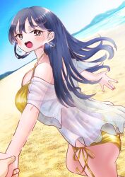 1girl 1other absurdres alternate_costume ass bare_shoulders beach bikini black_hair blush boku_no_kokoro_no_yabai_yatsu breasts brown_hair commentary_request day dutch_angle earrings gold_bikini halterneck highres holding_hands hoop_earrings horizon jewelry large_breasts long_hair looking_at_viewer m2bou mole mole_on_neck mountainous_horizon open_clothes open_mouth open_shirt outdoors paid_reward_available pov pov_hands running sand see-through_clothes see-through_shirt shirt shore side-tie_bikini_bottom sky solo_focus string_bikini swimsuit water white_shirt yamada_anna